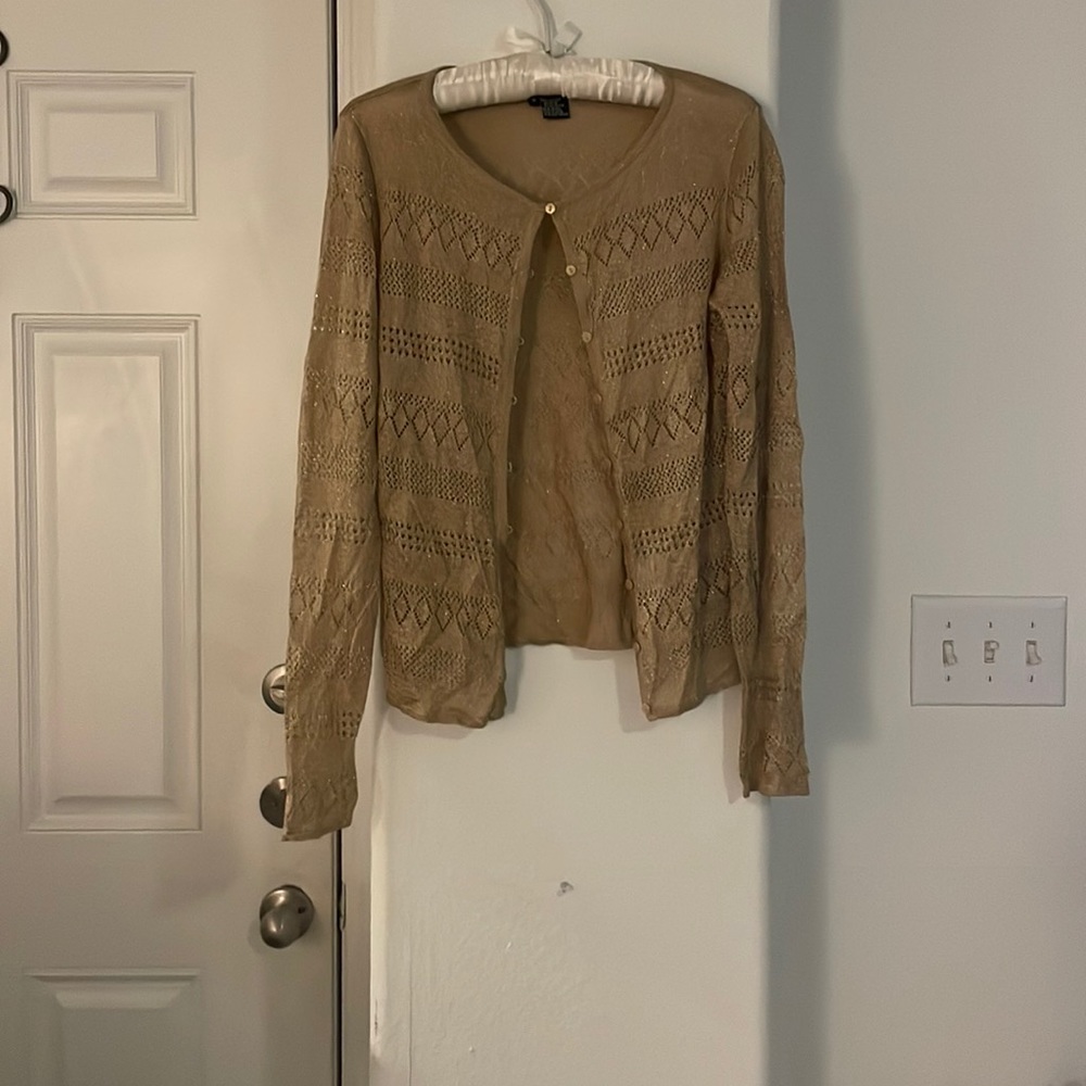 Beautiful Tan Cardigan with Metallic Gold Sparkles Size M